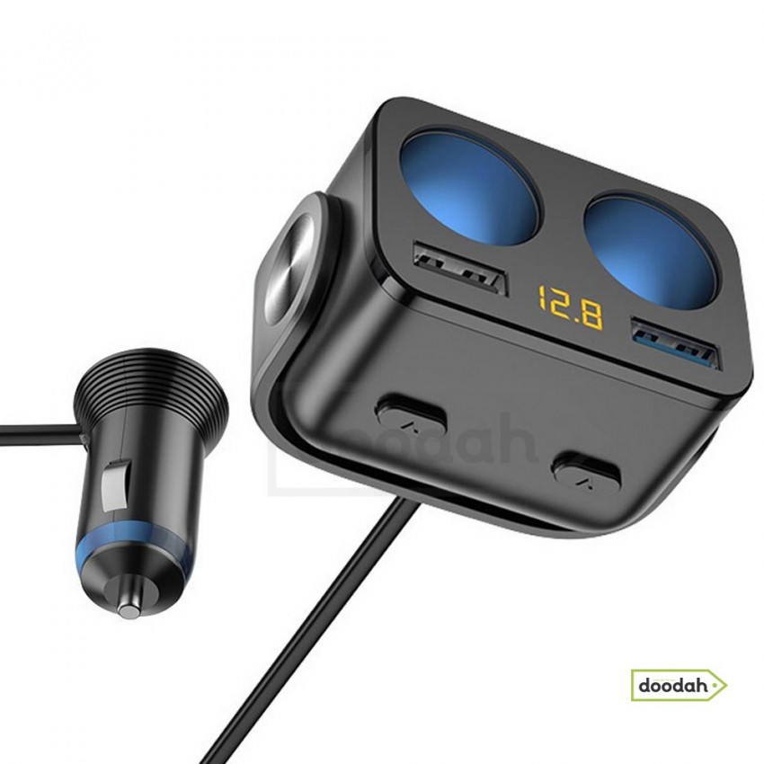 Зарядний пристрій із прикурювачами - Ozio Y34QA. 12-24V, 90W, 2 USB, QC3.0, 70см. Гарантія 6 міс.